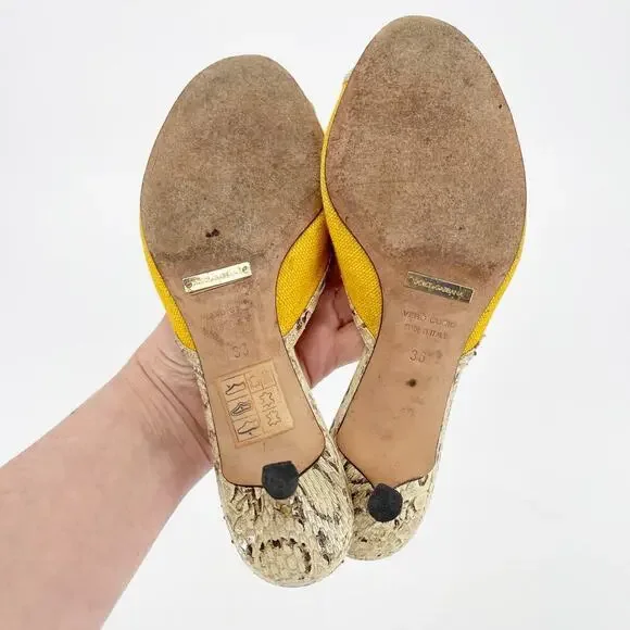 Dolce & Gabbana Retro Yellow Canvas Snakeskin Peep Toe Kitten Heel Mules IT 36 - Picture 10 of 11